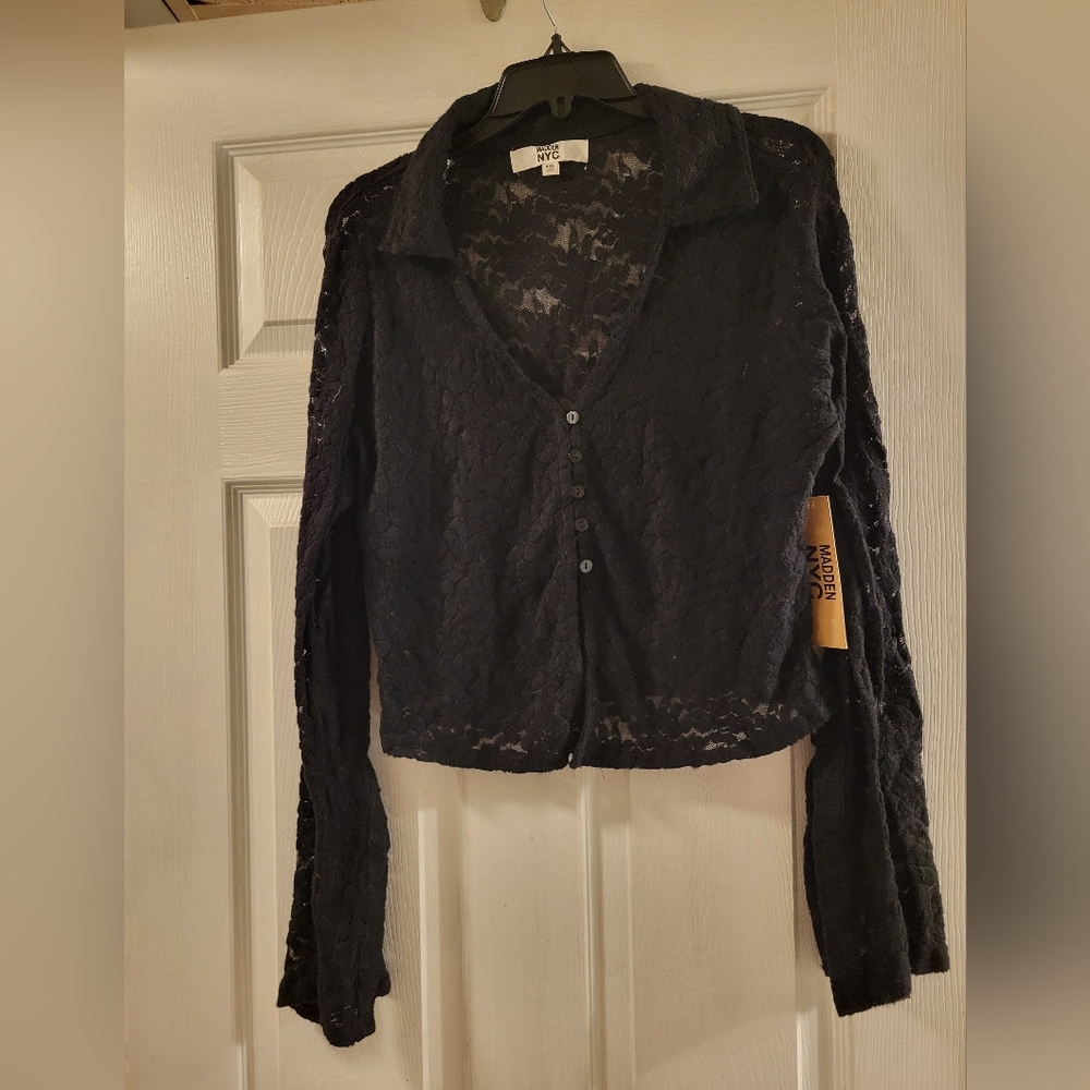 Madden NYC Black Velvet Lace Crop Button Up NWT Size Xxl